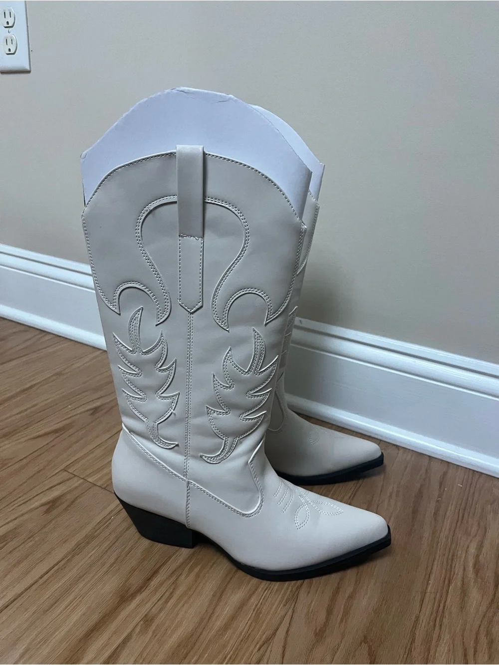 Cream Over-the-Knee Western Boots with Pointed Toe